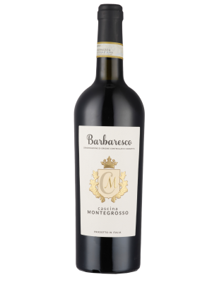 A bottle of Cascina Montegrosso Barbaresco DOCG 2020 with a cream label, gold crest, and text is shown against a plain white background.