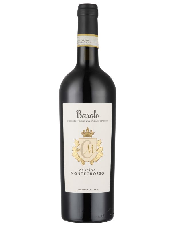 A bottle of Cascina Montegrosso Barolo DOCG 2019 red wine with a cream-colored label, gold crest, and black text.