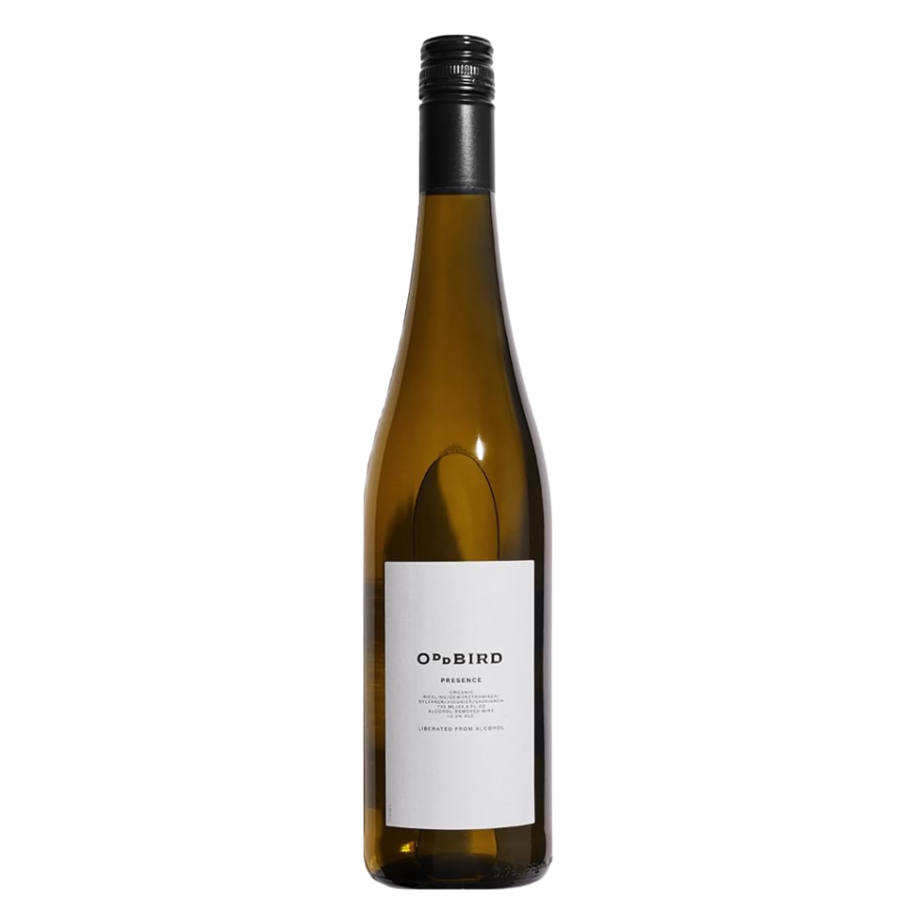 A tall, clear glass wine bottle with a black screw cap and a white label featuring the text "Oddbird Presence Blanc NV" and other smaller text.