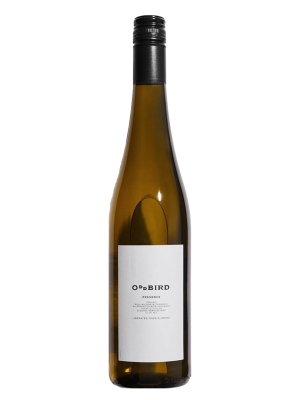 A tall, clear glass wine bottle with a black screw cap and a white label featuring the text "Oddbird Presence Blanc NV" and other smaller text.