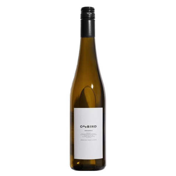 A tall, clear glass wine bottle with a black screw cap and a white label featuring the text "Oddbird Presence Blanc NV" and other smaller text.