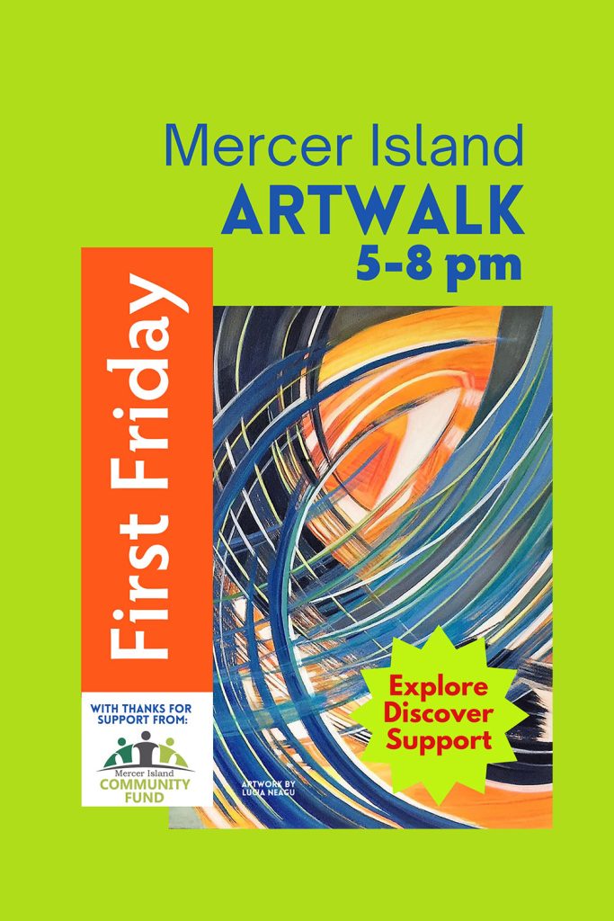 Poster for Mercer Island Artwalk, held 5-8 pm on the first Friday, featuring abstract artwork and event details on a green background.