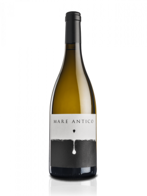 A bottle of Decugnano dei Barbi MARE ANTICO Orvieto Classico Superiore DOC 2021 with a minimalist black and white abstract art label and black cap, displayed against a white background.