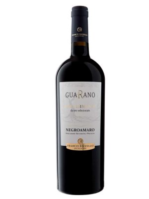 A bottle of Le Vigne di Sammarco GUARANO Negroamaro Appassimento Salento IGP 2021 with a black cap and white label stands upright against a white background.