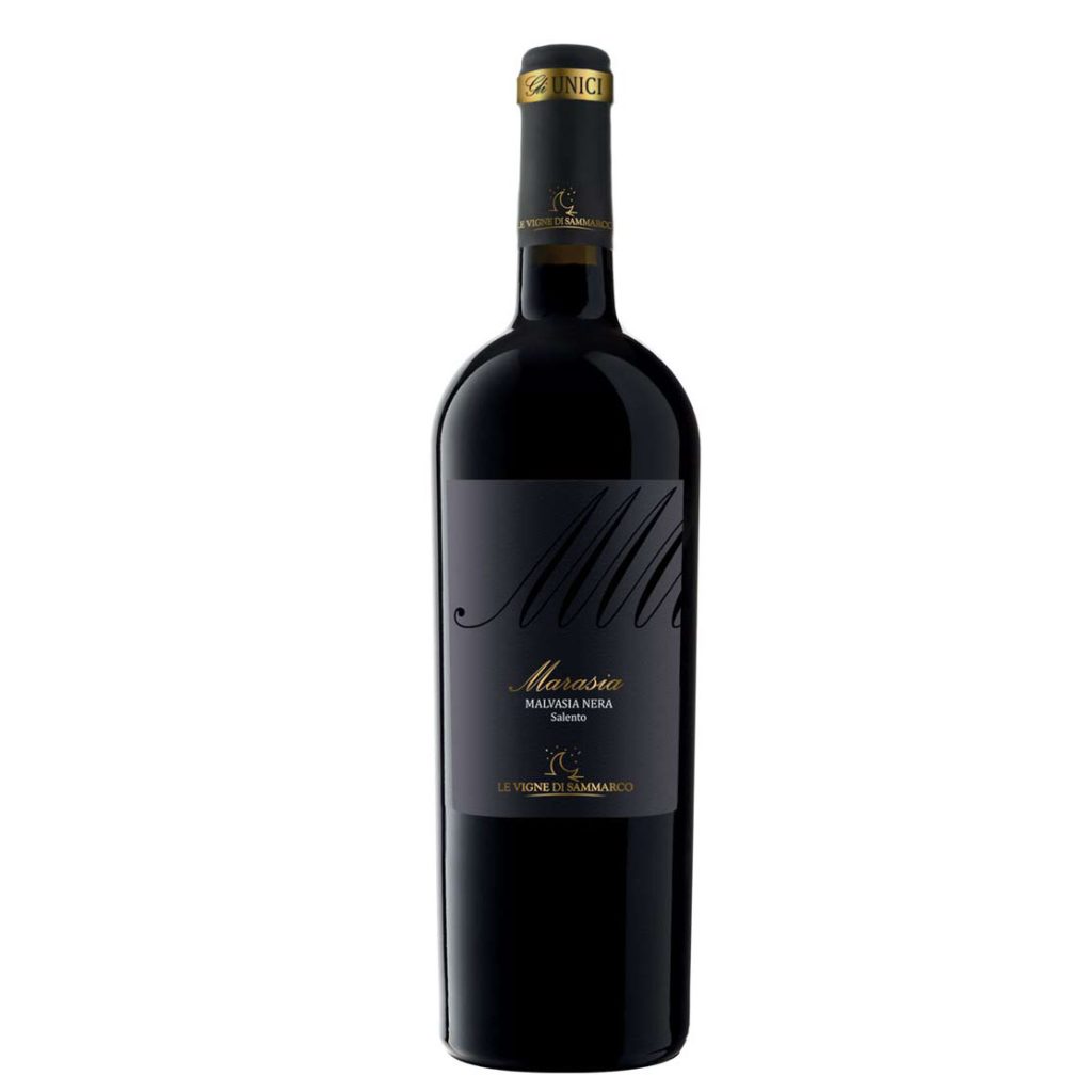 A bottle of Le Vigne di Sammarco MARASIA Malvasia Nera Salento IGP 2018, featuring gold and black accents on the label.
