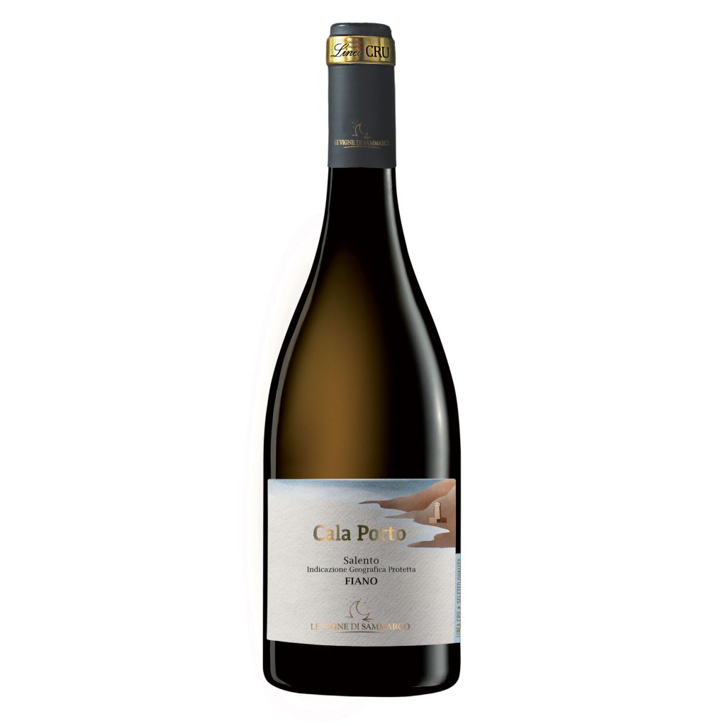 A bottle of Le Vigne di Sammarco CALA PORTO Fiano Salento IGP 2024 white wine from Italy, featuring a gold foil top and a coastal-themed label.