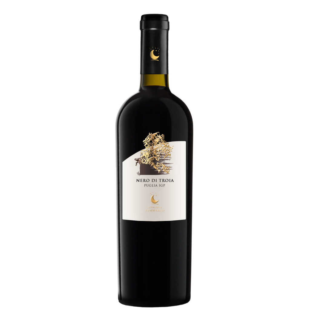 A bottle of Le Vigne di Sammarco Classica Nero di Troia Puglia IGP 2022 red wine with a black cap and a minimalist white and gold label featuring a moon and branch illustration.
