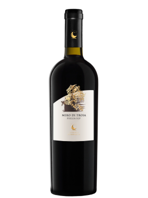 A bottle of Le Vigne di Sammarco Classica Nero di Troia Puglia IGP 2022 red wine with a black cap and a minimalist white and gold label featuring a moon and branch illustration.