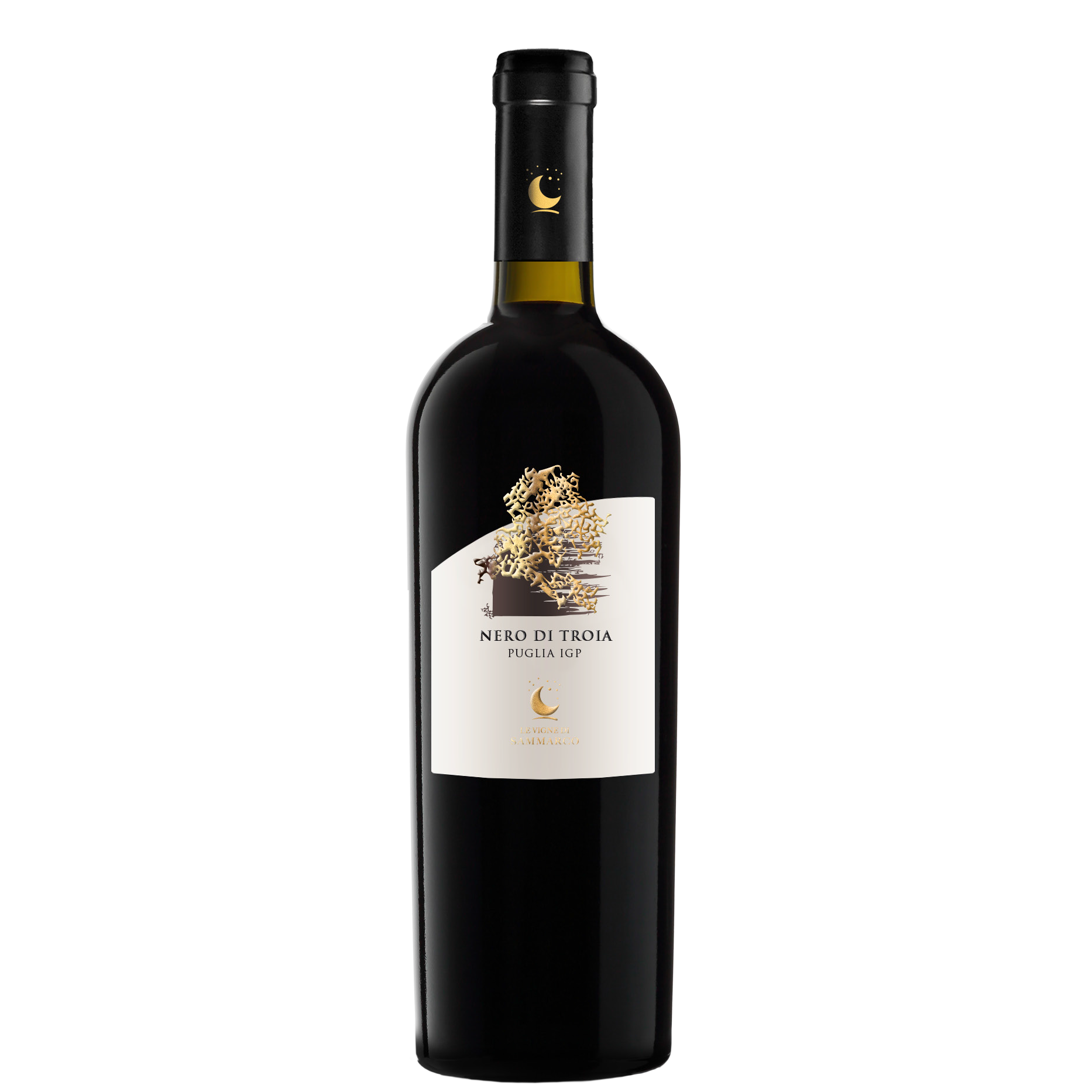 A bottle of Le Vigne di Sammarco Classica Nero di Troia Puglia IGP 2022 red wine with a black cap and a minimalist white and gold label featuring a moon and branch illustration.