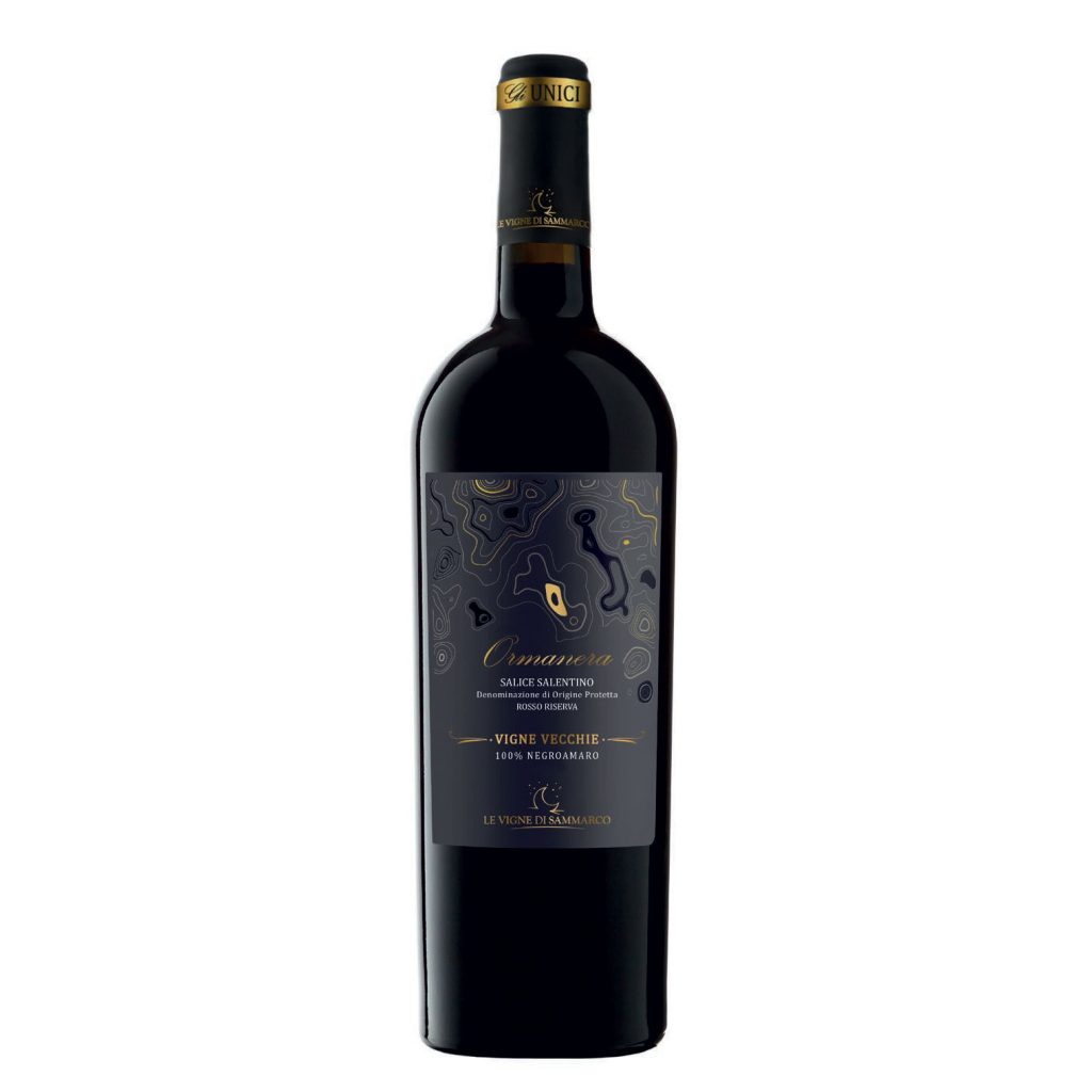 A dark glass wine bottle with a gold and blue label reading "Le Vigne di Sammarco ORMANERA Salice Salentino Riserva DOP 2018" and a gold foil top, standing upright against a white background.