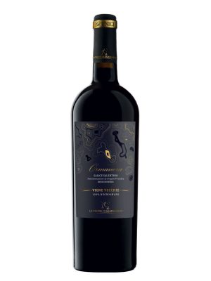 A dark glass wine bottle with a gold and blue label reading "Le Vigne di Sammarco ORMANERA Salice Salentino Riserva DOP 2018" and a gold foil top, standing upright against a white background.