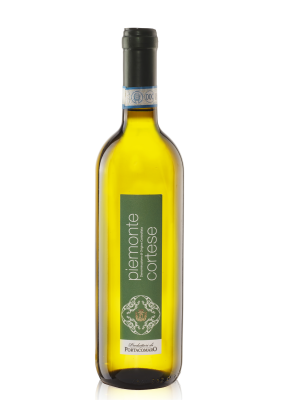 A bottle of Produttori di Portacomaro Cortese Piemonte DOC 2024 white wine with a green label and blue DOC seal, shown against a plain white background.