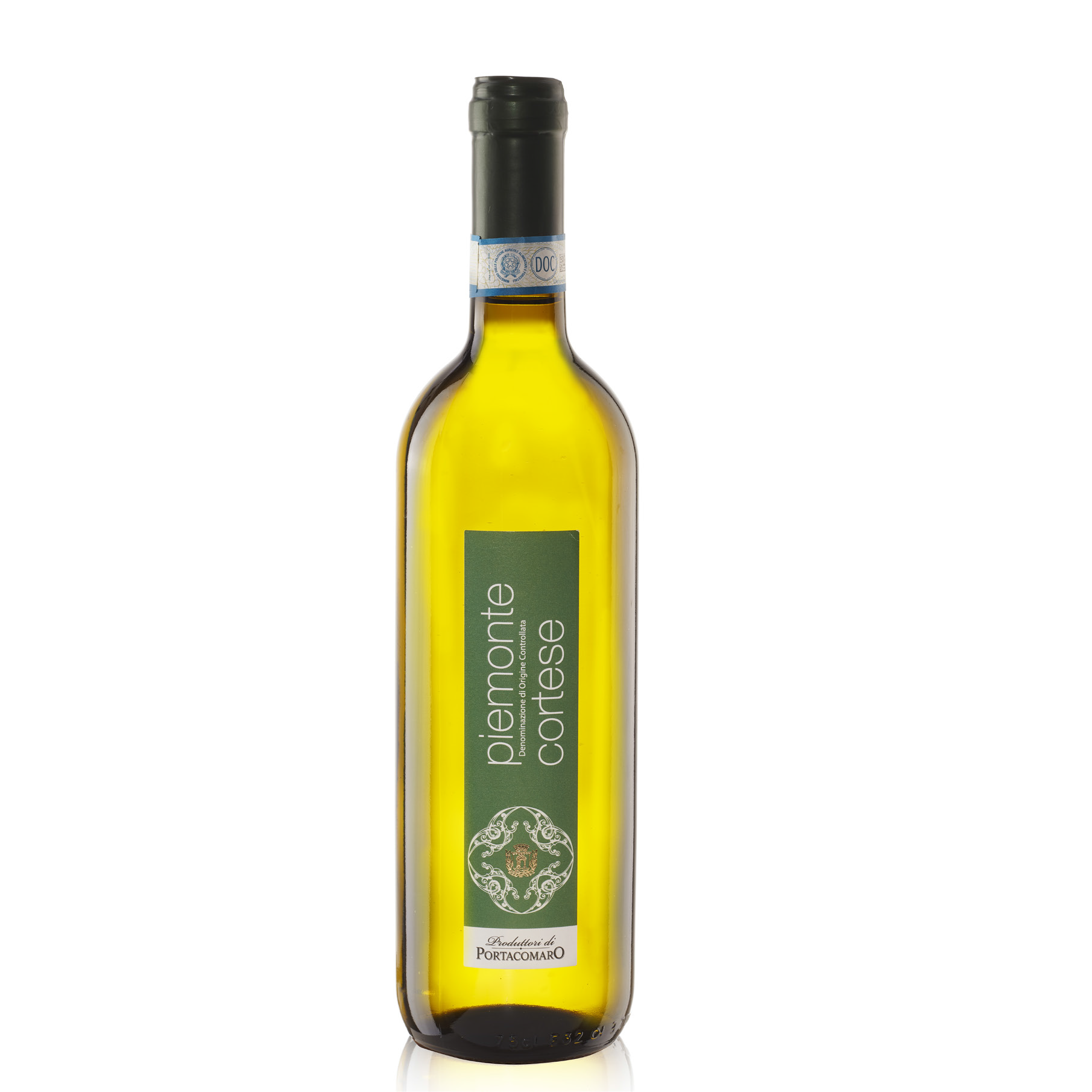 A bottle of Produttori di Portacomaro Cortese Piemonte DOC 2024 white wine with a green label and blue DOC seal, shown against a plain white background.