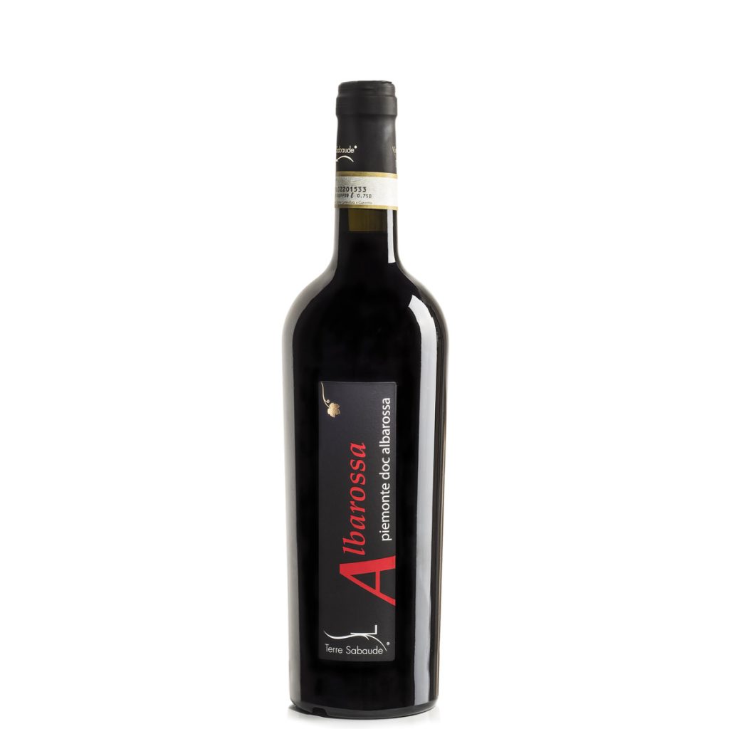 A bottle of Cascina Montegrosso Barbaresco DOCG 2020 (Copy) with a black label and red text, standing upright on a white background.