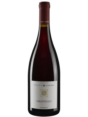 A bottle of Selva Capuzza SAN BIAGIO Groppello Riviera del Garda Classico DOC 2023 red wine, featuring a dark red cap and a white label with the brand name and a decorative emblem.
