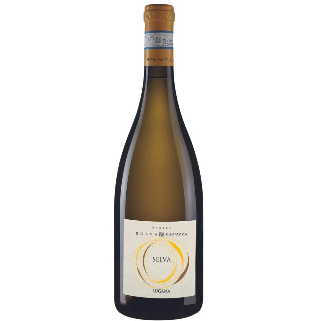 A bottle of Selva Capuzza SELVA Lugana DOC 2024 white wine featuring a cream-colored label with a gold circular design on the front.