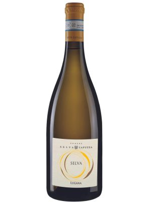A bottle of Selva Capuzza SELVA Lugana DOC 2024 white wine featuring a cream-colored label with a gold circular design on the front.