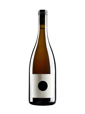 A bottle of Selva Capuzza NULLA 222 white wine with a blank white label featuring a solid black circle in the center, set against a plain white background.
