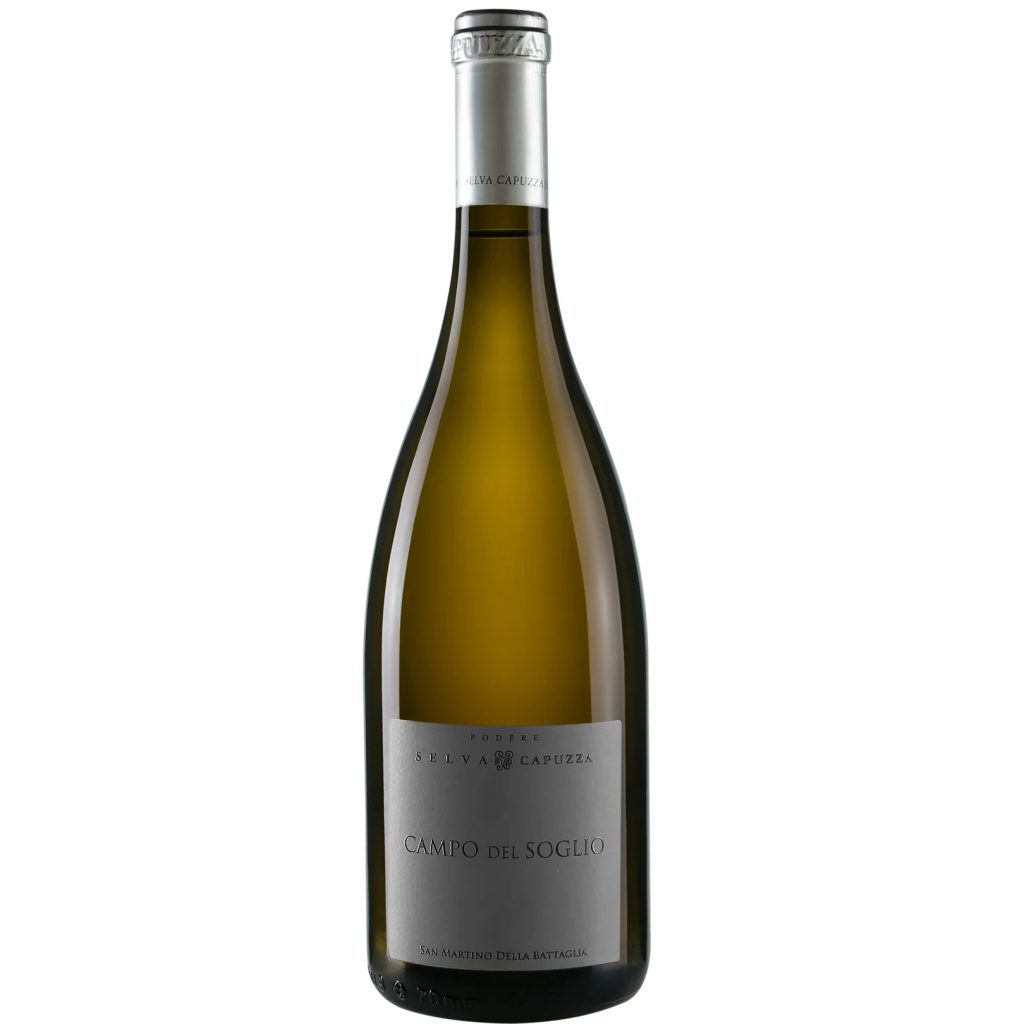 A bottle of "Selva Capuzza CAMPO DEL SOGLIO San Martino della Battaglia DOC 2023" white wine with a silver label and foil on the neck from Azienda Agricola Selva Capuzza.