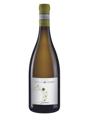 A bottle of Selva Capuzza Lugana DOC 2024 with a green foil top and a modern white label featuring a minimalist circular design.