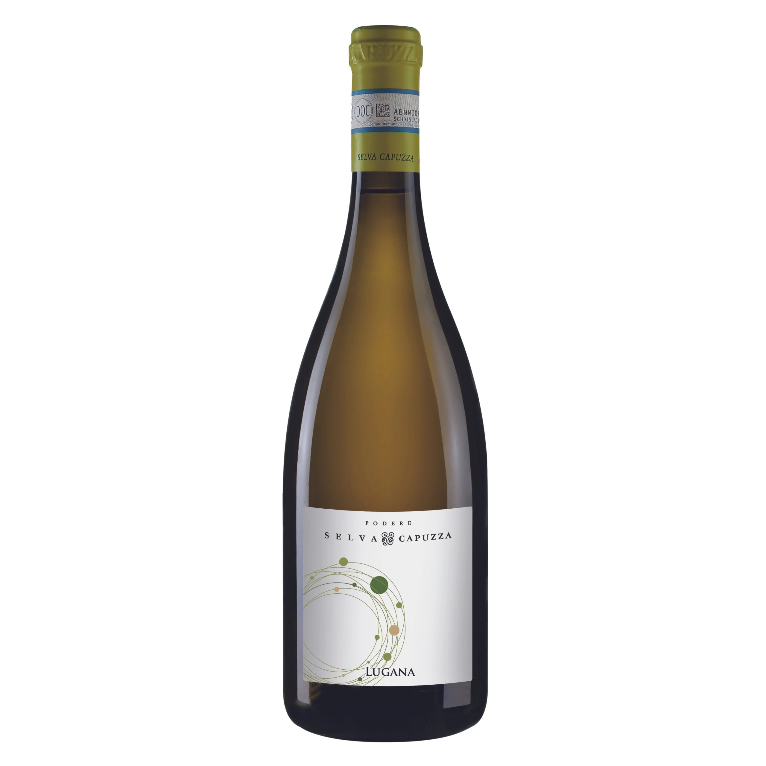 A bottle of Selva Capuzza Lugana DOC 2024 with a green foil top and a modern white label featuring a minimalist circular design.