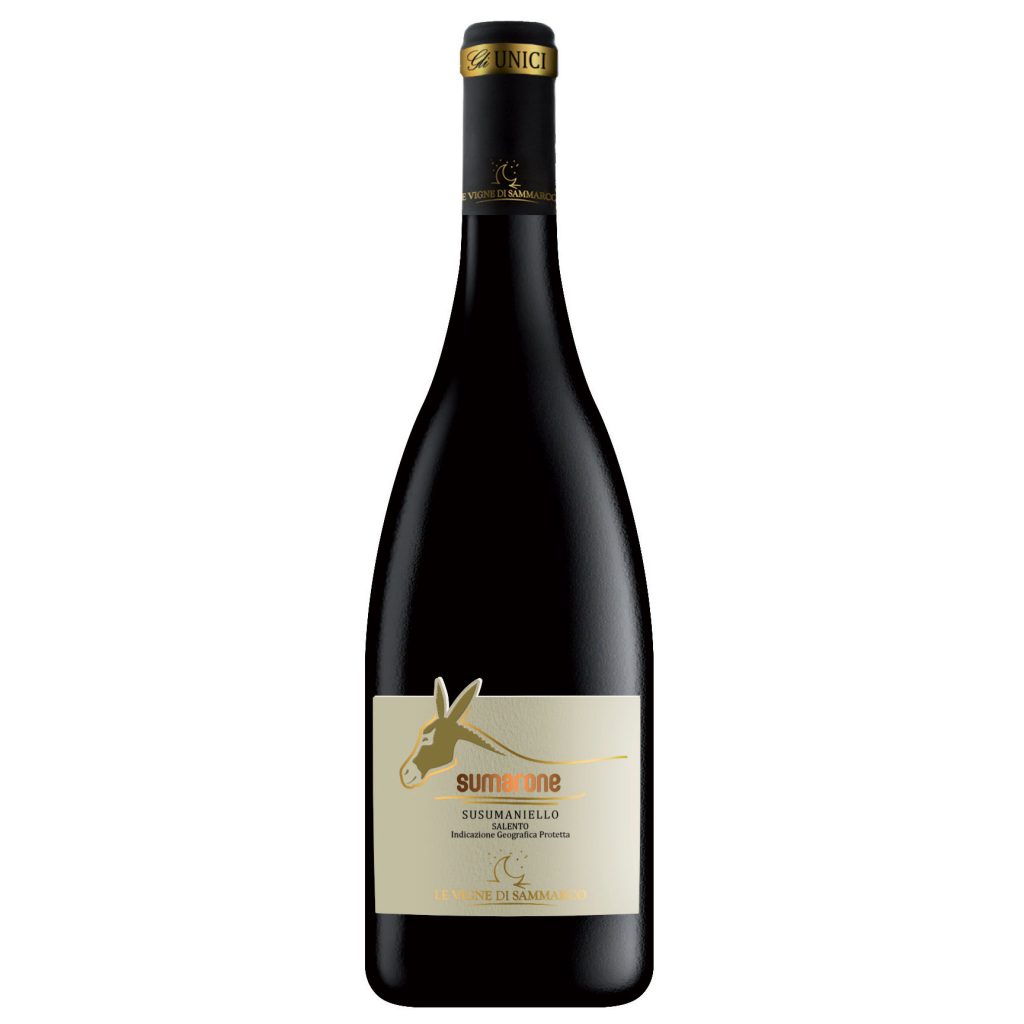 A bottle of Le Vigne di Sammarco SUMARONE Susumaniello Salento IGP 2020 red wine with a beige label featuring a donkey illustration and black foil on the neck.