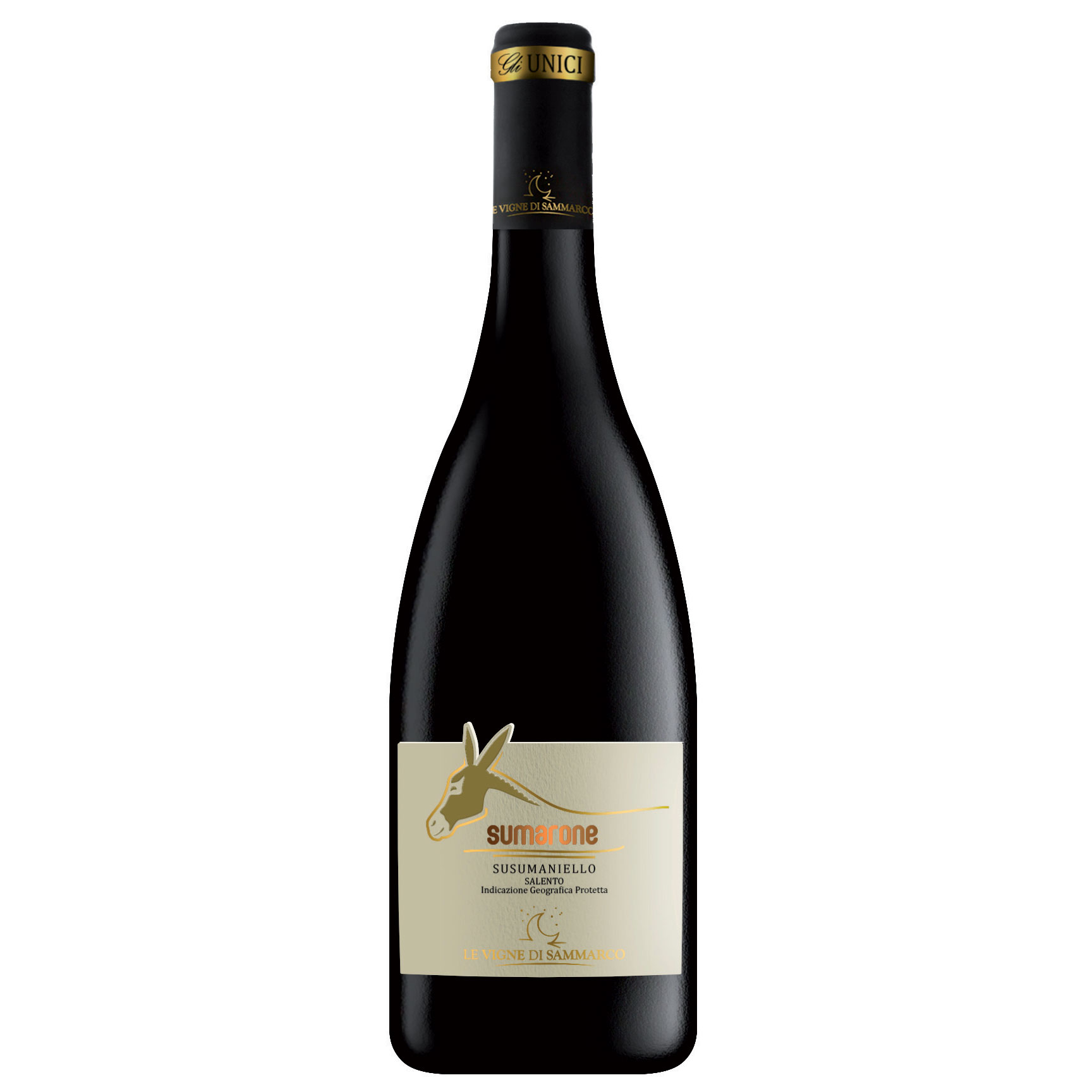 A bottle of Le Vigne di Sammarco SUMARONE Susumaniello Salento IGP 2020 red wine with a beige label featuring a donkey illustration and black foil on the neck.