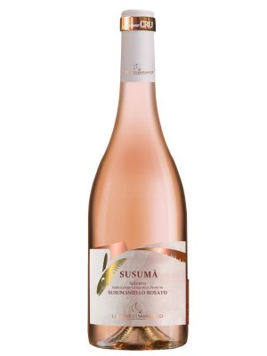 A bottle of Le Vigne di Sammarco SUSUMÀ Malvasia Nera Salento Rosso IGP 2018, with a light pink hue, gold foil top, and a white and gold label.