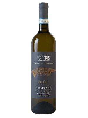 A bottle of Ferraris Agricola BISOU Viognier Piemonte DOC 2023 white wine, featuring a dark gray label with gold text, set against a white background.
