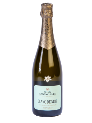 A bottle of Ferraris Agricola Tenuta Santa Chiara VSQ Blanc de Noir Metodo Classico with a gold foil-wrapped neck and a light blue label, set against a plain white background.