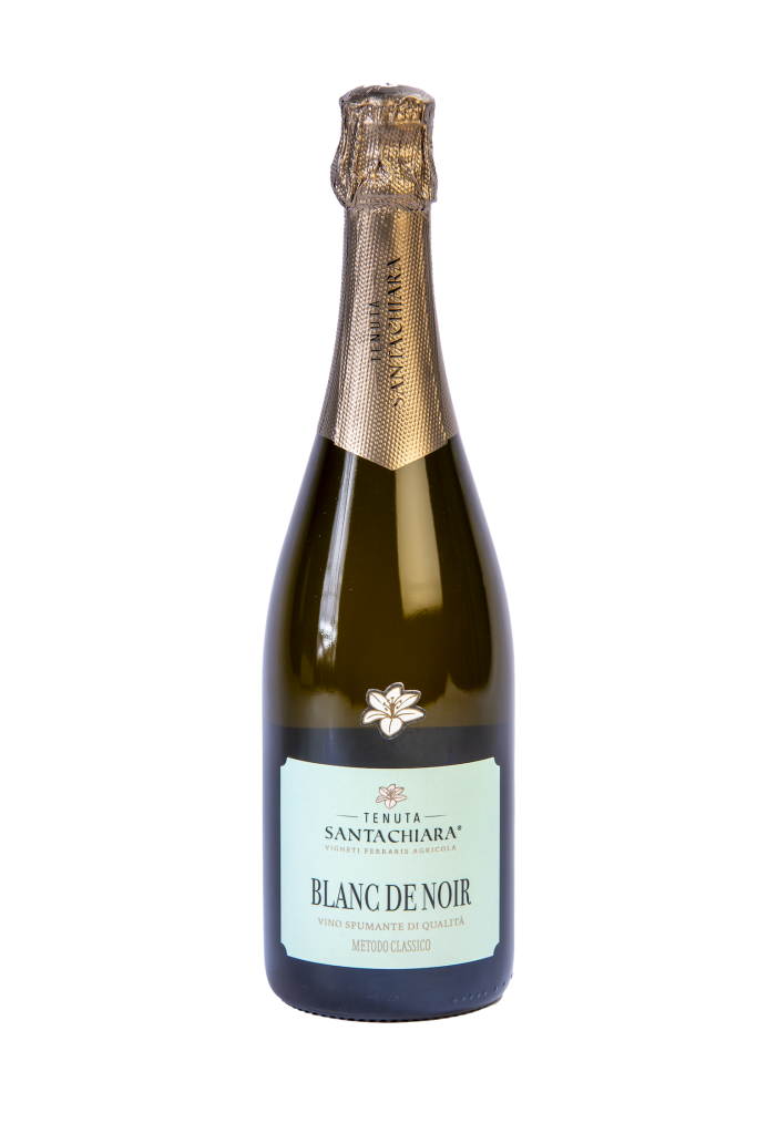 A bottle of Ferraris Agricola Tenuta Santa Chiara VSQ Blanc de Noir Metodo Classico with a gold foil-wrapped neck and a light blue label, set against a plain white background.