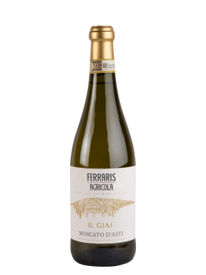 A bottle of Ferraris Agricola IL GIAJ Moscato d’Asti DOCG 2024 with a white and gold label and a gold foil neck.
