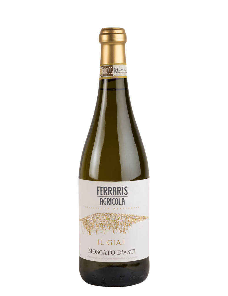 A bottle of Ferraris Agricola IL GIAJ Moscato d’Asti DOCG 2024 with a white and gold label and a gold foil neck.