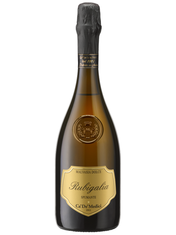 A bottle of Ca' De' Medici RUBIGALIA Malvasia Dolce Spumante featuring a gold label and black foil on the cork.